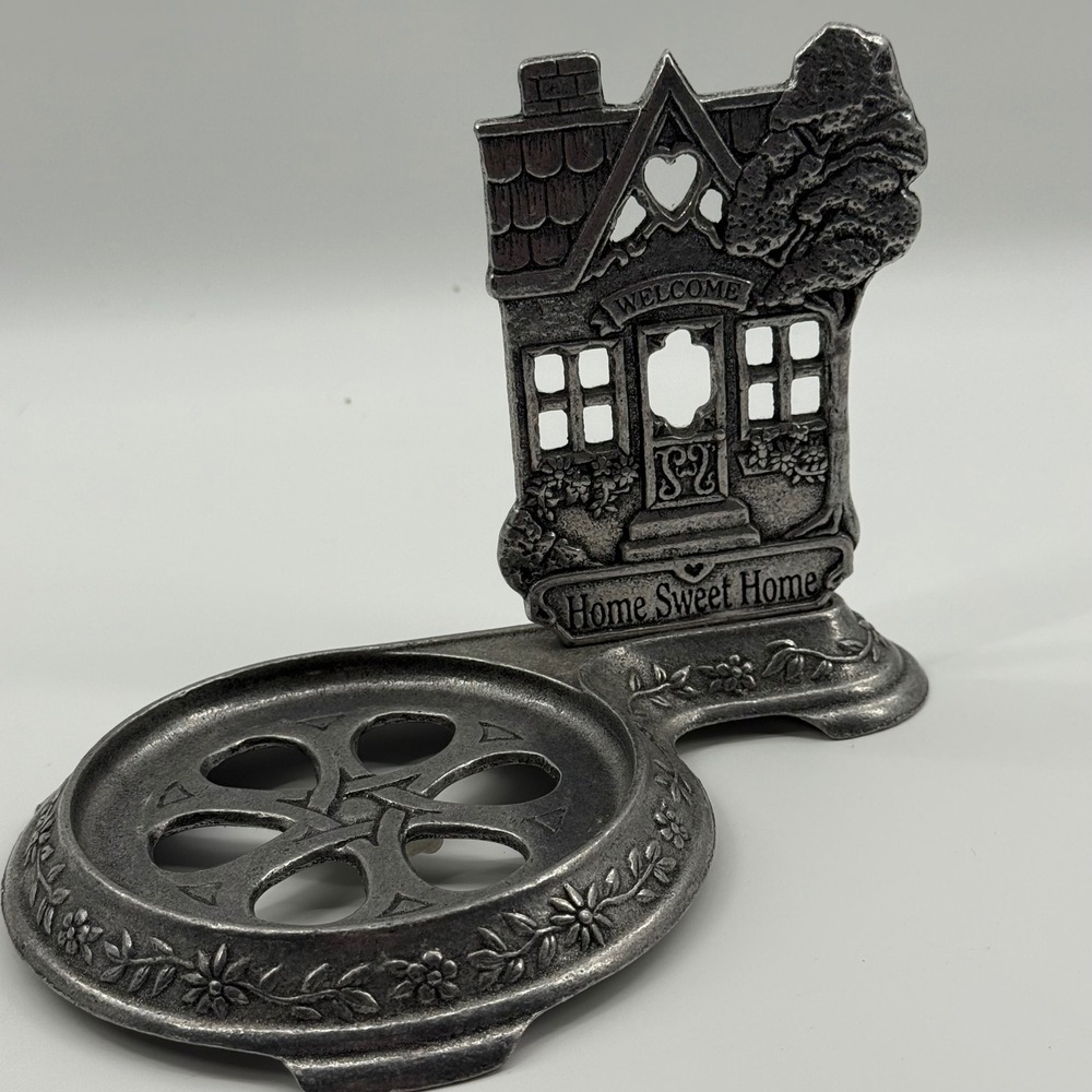 Vtg Pewter Candle Holder Plate Home Sweet Home Welcome House Cottagecore Decor